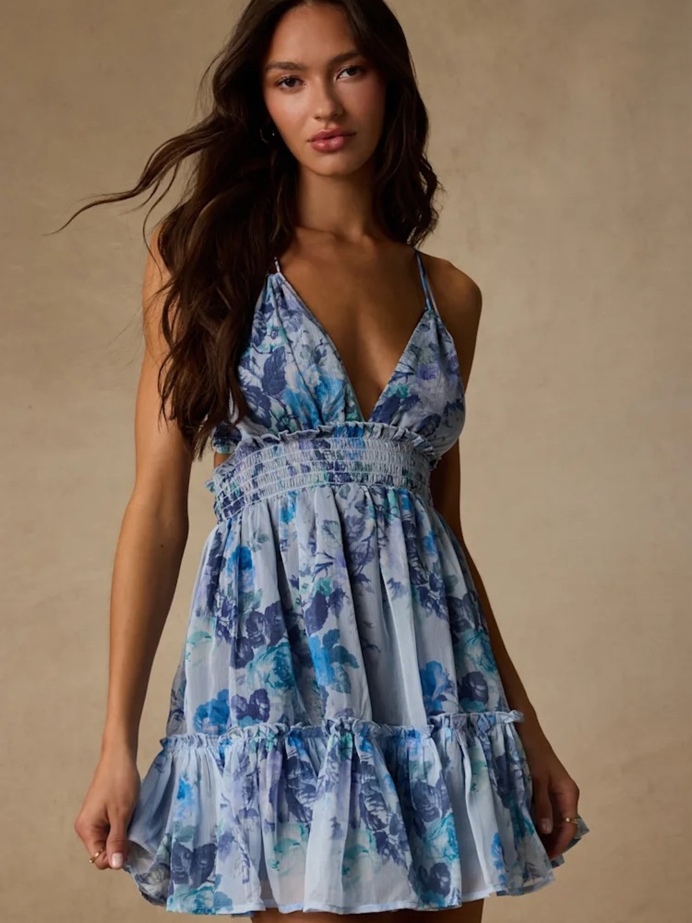 Lulus Signature Sweetie Light Blue Floral Smocked Tie-Back Mini Dress | M | NWT